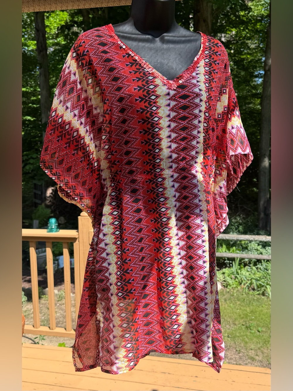 Jessica Red Geometric V-Neck Tunic with Pink and Cream Accents